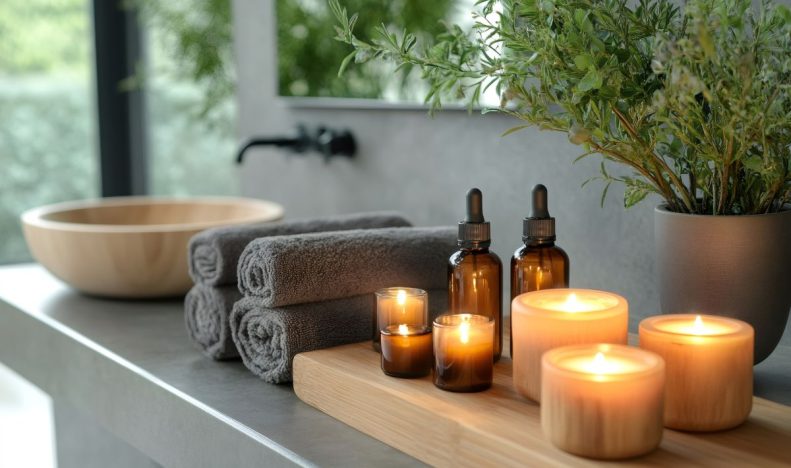 Burning candles, essential oils and towels creating relaxing spa ambiance in modern bathroom