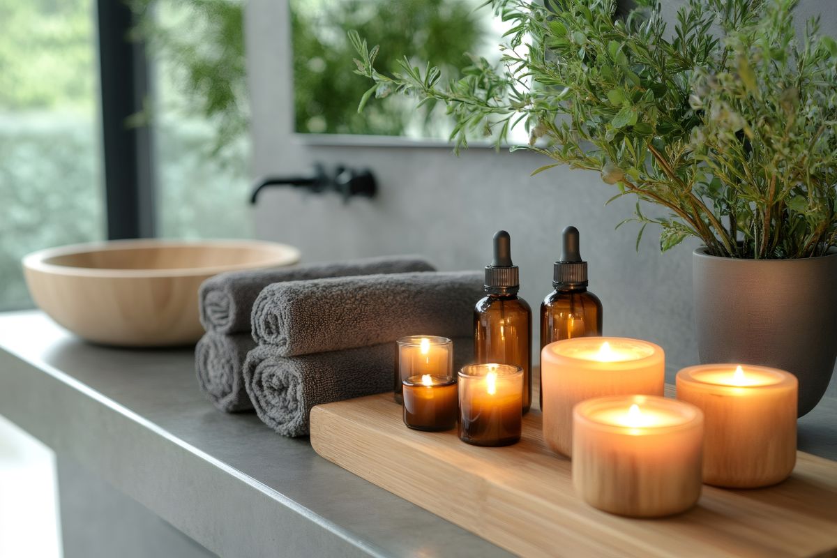 Burning candles, essential oils and towels creating relaxing spa ambiance in modern bathroom