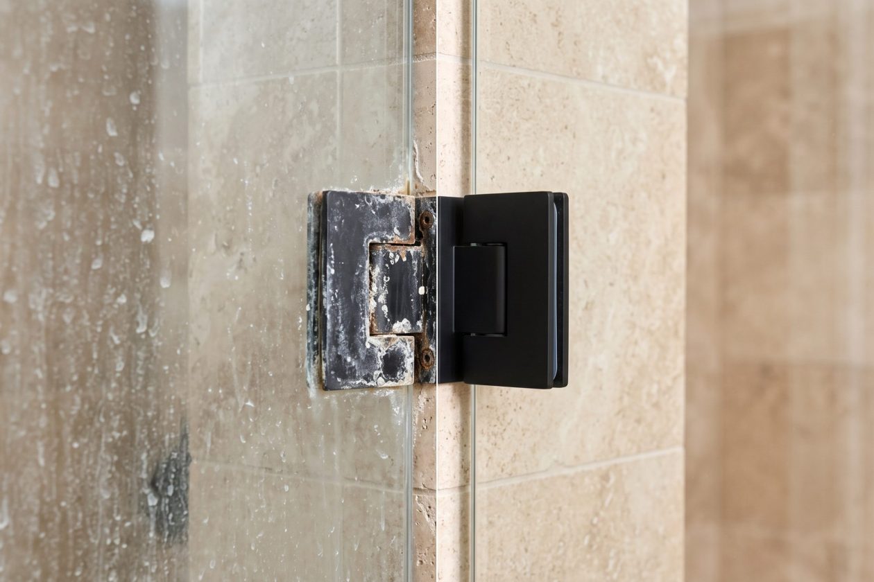 Old corroded shower door hinge compared to new clean matte hardware