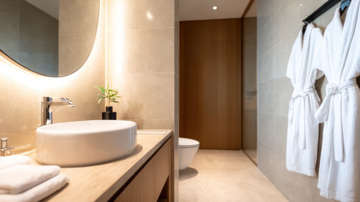 Modern luxurious bathroom interior with elegant vanity oval mirror soft ambient lighting