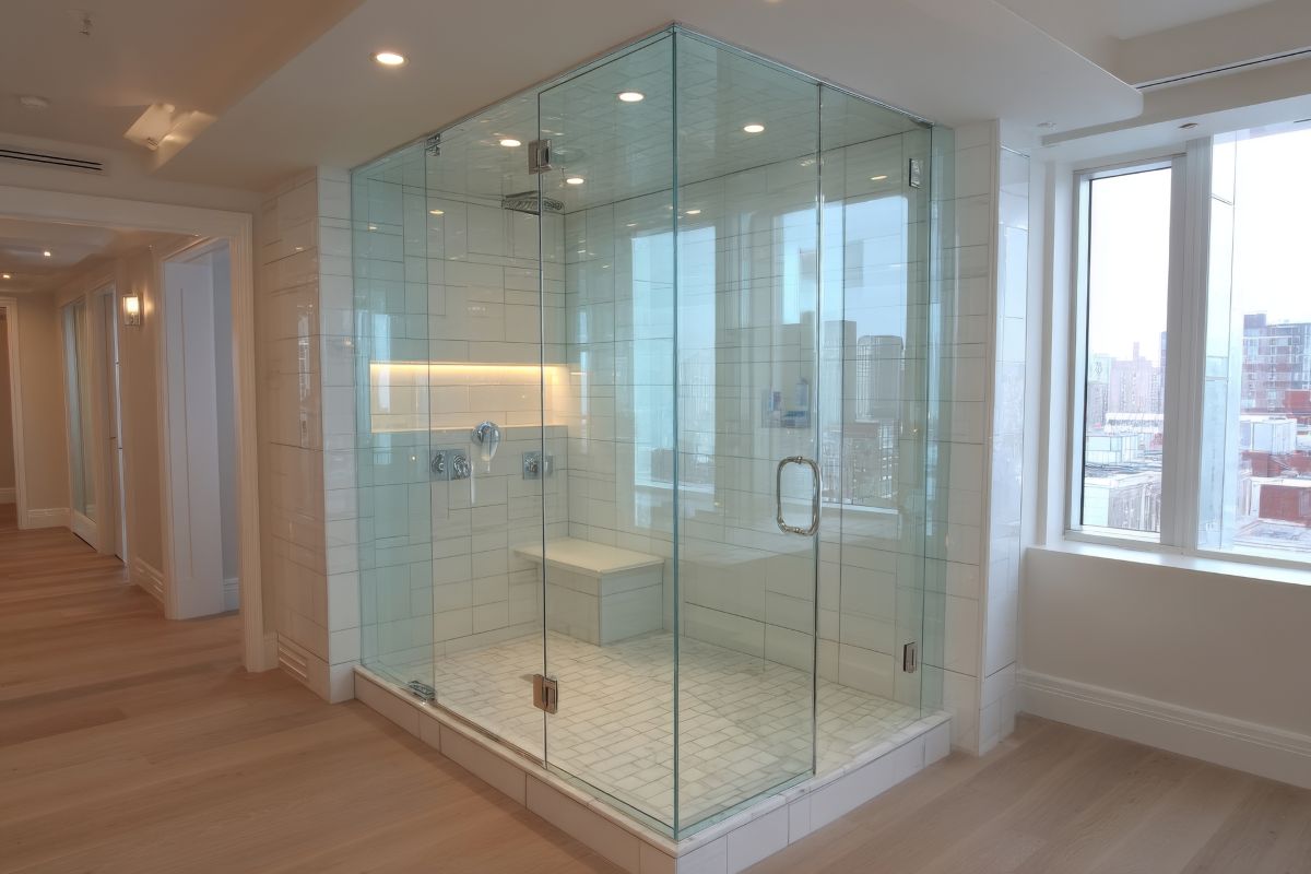 A large glass shower in a large bathroom
