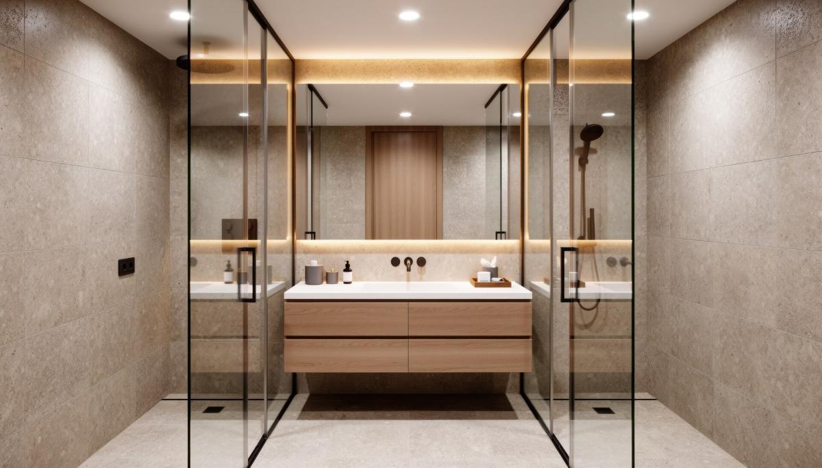A modern bathroom with a glass shower door