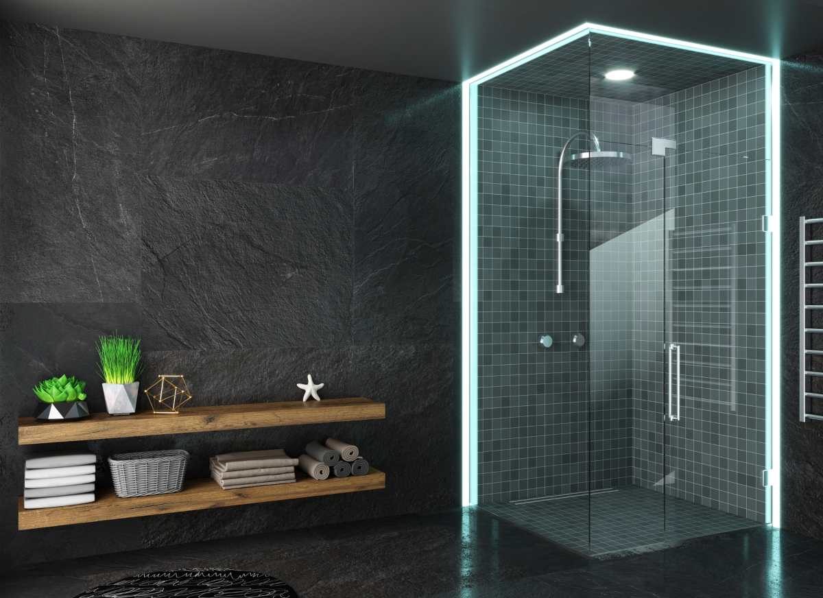 Modern dark glass shower room with led
