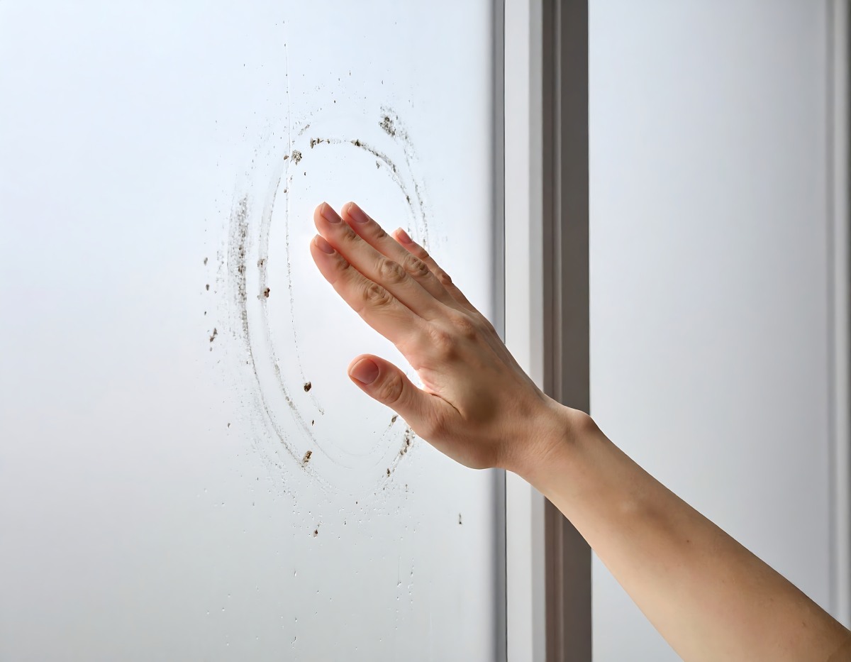 Hand presses against glass, circular smudge represents mental state