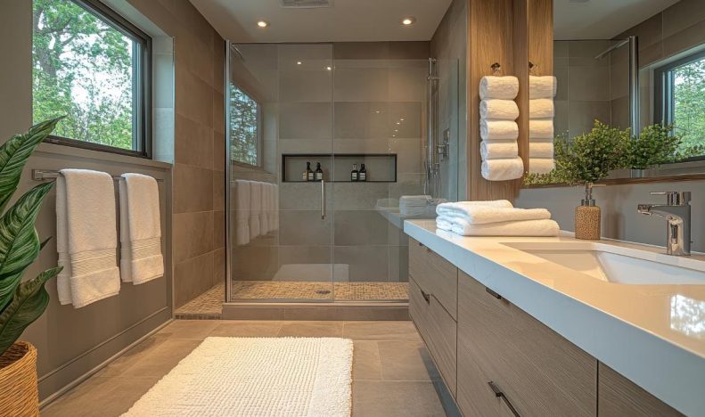 beautiful modern bathroom with frameless shower door installed