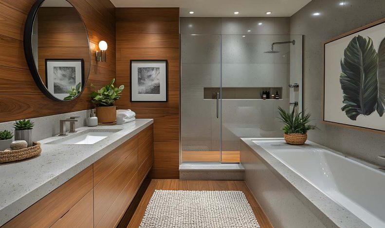 Modern Luxury Bathroom Interior with Wooden Accents and Spa Elements