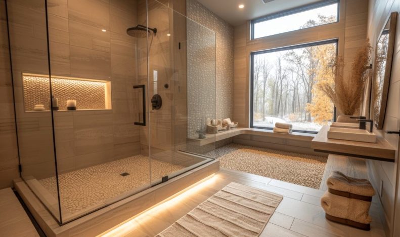 tranquil bathroom featuring a frameless glass shower