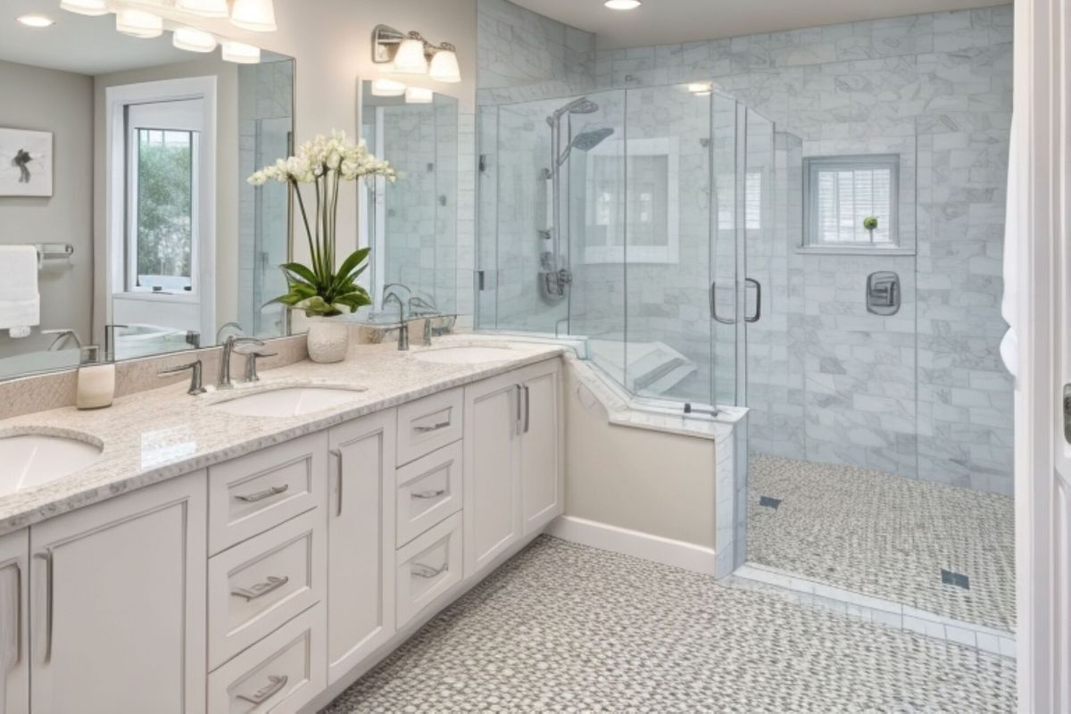 clean traditional style bathroom with frameless shower door installed