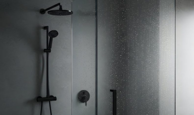 Modern black shower with frameless shower door