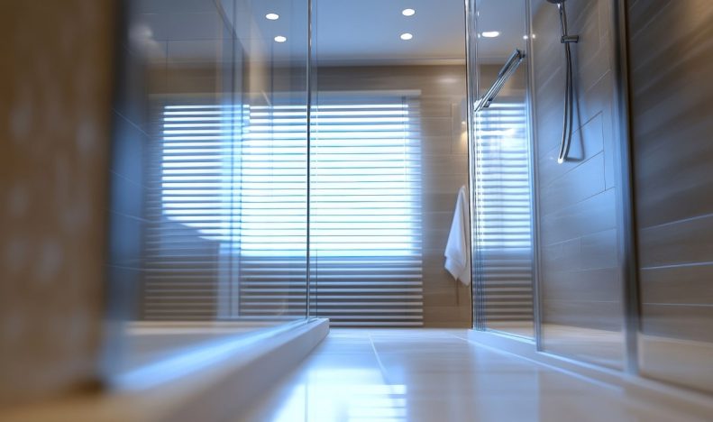 A long hallway with a shower and a window